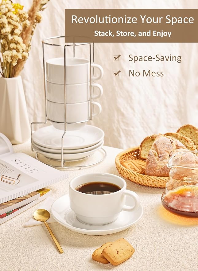 Yedio 8 oz Porcelain Cappuccino Cups with Saucers and Metal Stand, Stackable Coffee Cups for Latte, Americano, Tea – Set of 4, White