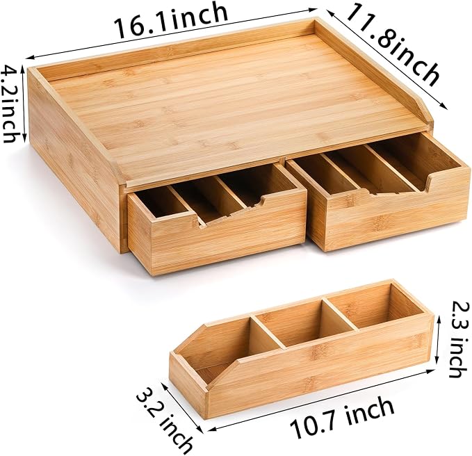 SOUJOY Bamboo Drawer Organizer for Coffee Pod, K Cup Organizer for Counter, Tea Bag Storage Organizer with Drawer and Side Storage Box for Kitchen Office Coffee Bar - Image 3