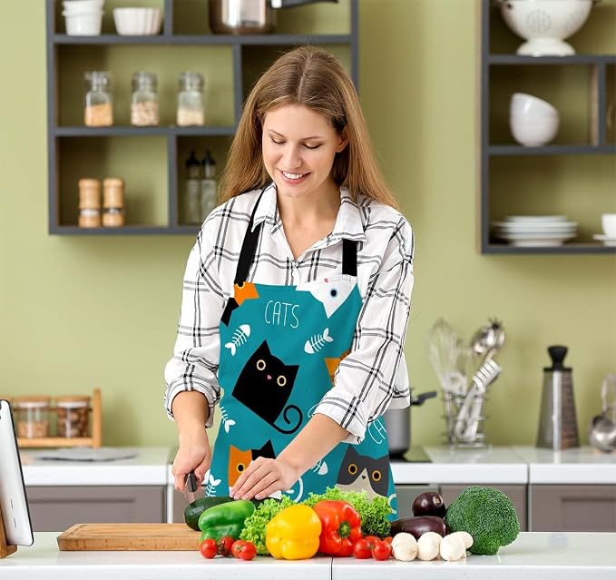 Cute Cats with Fish Bone Kitchen Apron for Women Men, Adjustable Apron Chef Bakers Apron Cooking Apron Cooking Baking Gardening - Image 5