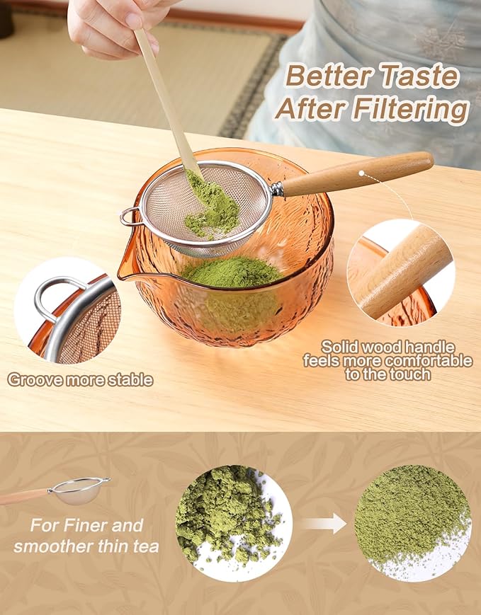 Matcha Whisk Set, 7 Pcs, Matcha Kit Includes Matcha Bowl, Matcha Whisk and Holder, Bamboo Scoop, Spoon, Sifter and Tea Towel, Matcha Set, Gift for Matcha Lovers & Beginners (Amber)