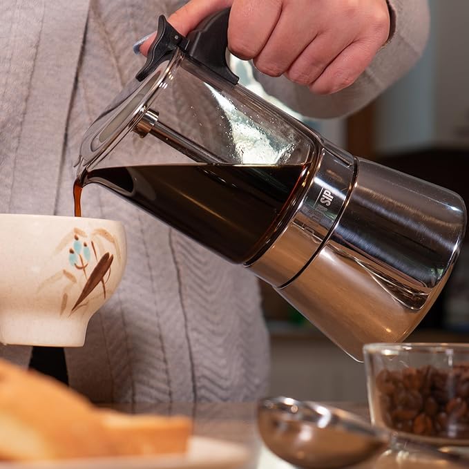 The London Sip Glass and Stainless Steel Stovetop Espresso Maker, Moka Pot Italian Coffee Percolator, Large (15.2 oz)