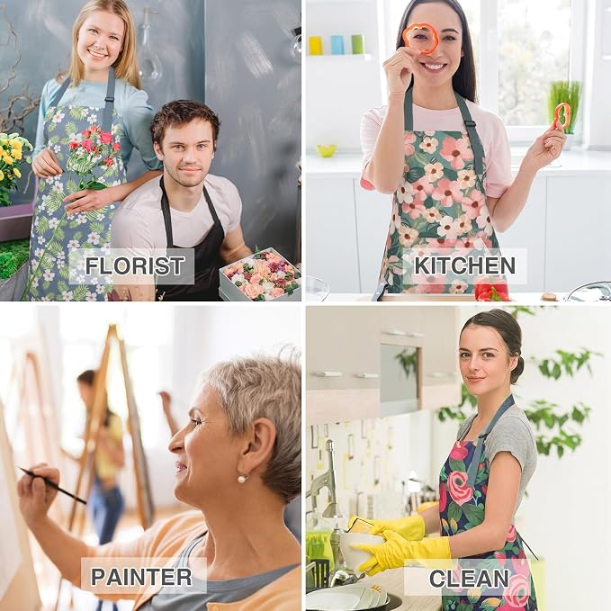 BOUMUSOE 3 Pack Floral Aprons with Pocket, Blooming Womens Aprons | Waterproof Adjustable Cooking Aprons for Kitchen Gardening and Salon - Image 5