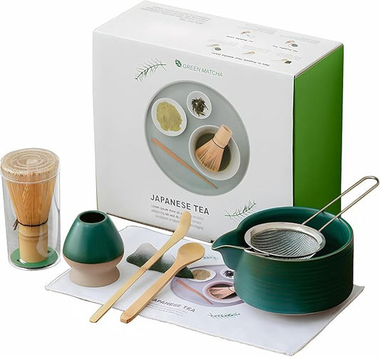 Matcha Whisk Set, 8-Piece Matcha Set & Matcha Kit with Ceramic Bowl, Whisk, Stainless Steel Sifter, Spoon & Natural Wood Holder, for Matcha Lovers（Agate Green）