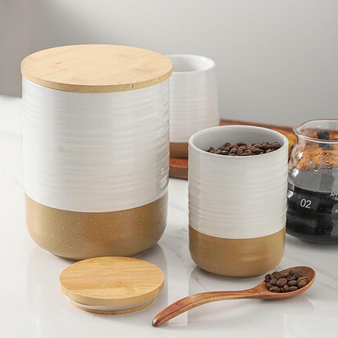 HASENSE 80oz White Ceramic Food Storage Jar with Bamboo Lid – 7.5 Inch Minimalist Kitchen Canister for Pantry, Dry Goods, Sugar, Tea, Flour – Airtight Wide Mouth Container with Natural Base