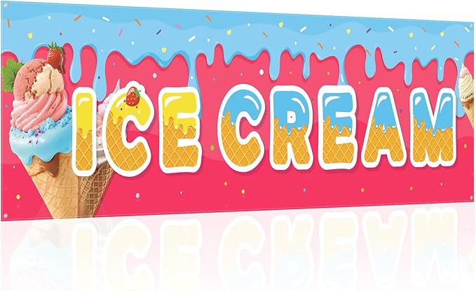 Tegeme Ice Cream Banners Sign 3 x 10 ft/ 36 x 120 Inches Ice Cream Flag Oxford Fabric Banners with 10 Holes for Business Store Outside