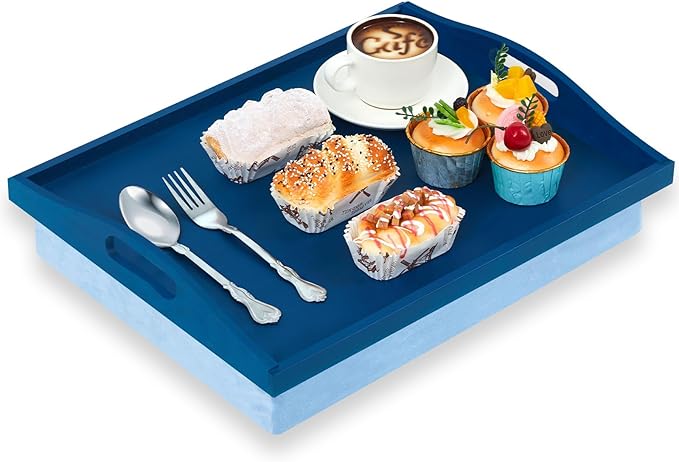 Tioncy 1 Piece Bamboo Lap Tray with Detachable Pillow 16.9'' x 13'' Lap TV Trays Desk with Handles for Adults Eating in Recliner Breakfast Housewarming Gift (Blue)