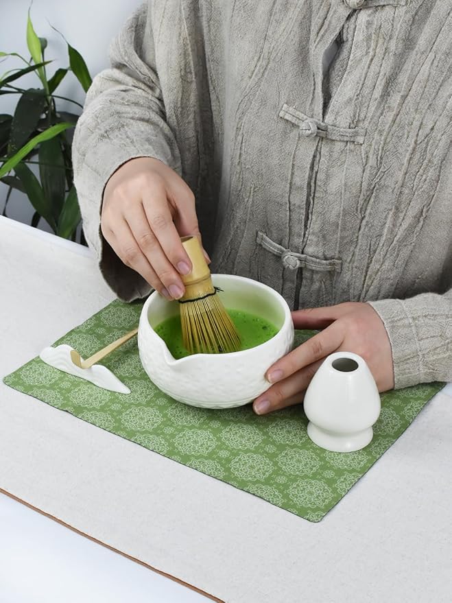Artcome Matcha Tea Set – Green Sakura Embossed Ceramic Bowl 17oz with Bamboo Whisk, Whisk Holder, Strainer, Scoop, Tea Spoon, Cloth – Traditional Japanese Matcha Kit for Daily Use & Gift Giving