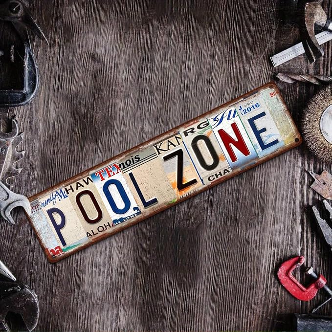 Vintage License Plate POOL ZONE Sign – 16x4 Inch Rustic Tin Wall Décor for Backyard Pool, Patio, Hot Tub, Cabana or Outdoor Swimming Area - Image 6