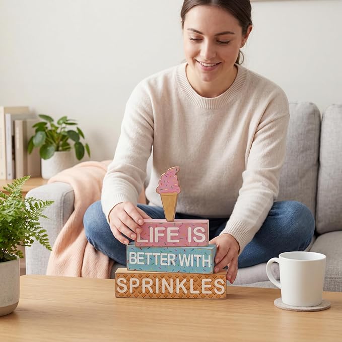 Geelin 4 Pieces Summer Ice Cream Table Wooden Decorations Ice Cream Wood Sign Centerpiece Home Decor Bar Party Decorations Blocks Tiered Tray Table Top Sign for Home