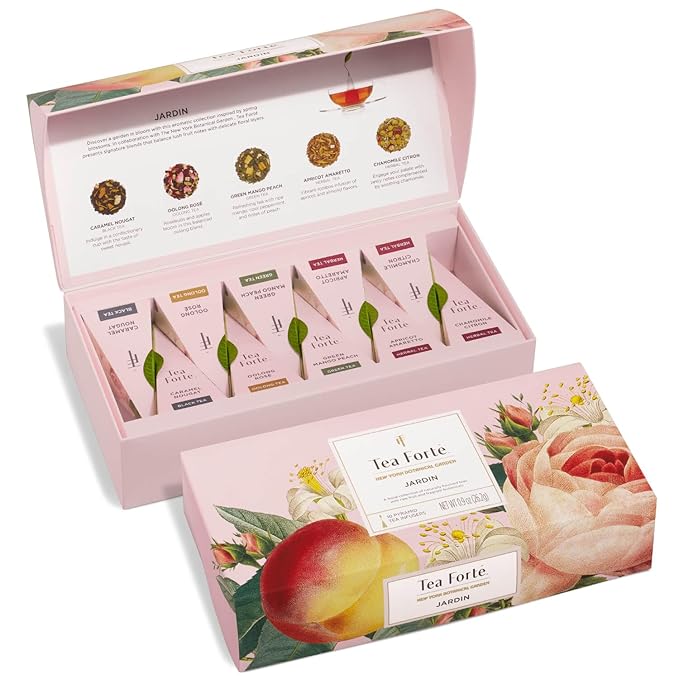 Tea Forte Premium Petite Presentation Box Gift Set Sampler, 10 Count, 2 of Each Blend Individually Wrapped Handcrafted Pyramid Infuser Bags, Jardin
