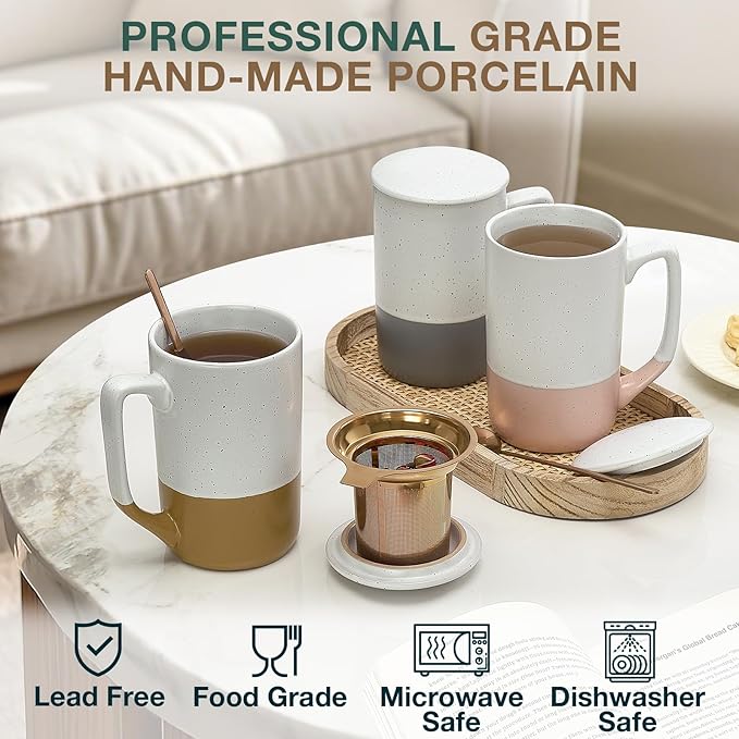 Ceramics Large Tea Cup with Loose Leaf Infuser, Spoon and Lid, 16 oz Tall Coffee Mug, Microwave and Dishwasher Safe, Rustic Matte Ceramic Glaze, Tea Strainer (Gray)