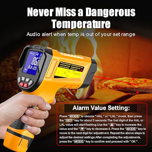 Infrared Thermometer Gun, -58℉ to 3992℉, High Temp Laser Thermometer with Adjustable Emissivity, Non-Contact Digital IR Pyrometer for Furnace, Kiln, Metal, Industrial Use