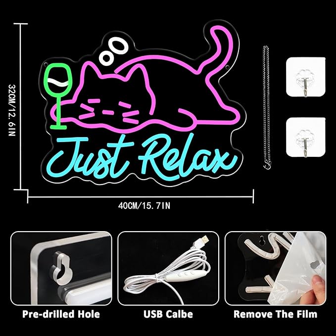 Cat Beer Neon Sign, Just Relax Neon Signs for Wall Decor, USB Dimmable Pink Cat Bar Light Up Sign for Pet Lover Bedroom Bar Birthday Party Game Room Man Cave Home Decor