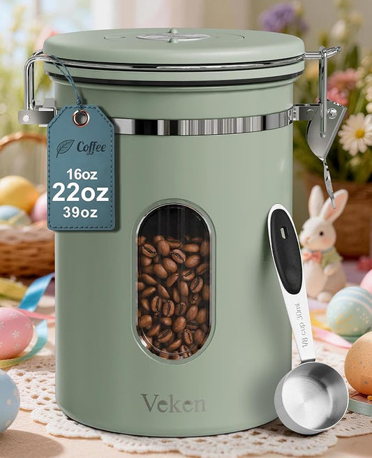 Veken Coffee Canister with Window, Easter Gifts Airtight Stainless Steel Container with Lids, Home Kitchen Food Storage Jars for Grounds, Beans, Tea, Flour, Cereal, Sugar, Basket, Scoop, 22OZ, Green