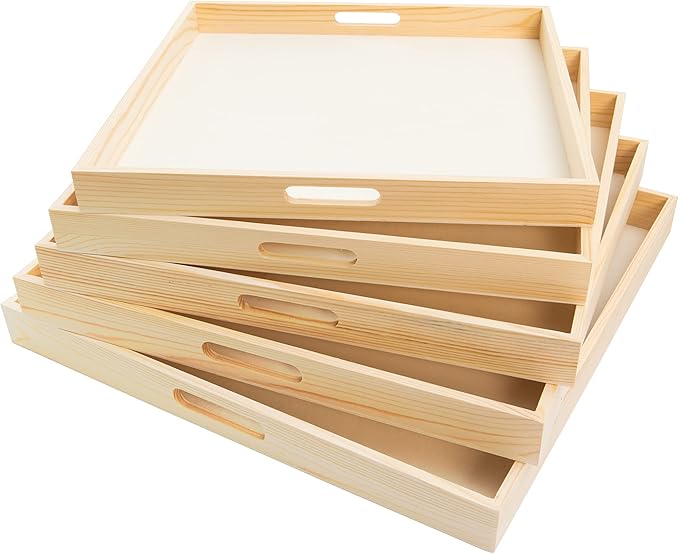 Wooden Nested Serving Trays – Unfinished Square Trays with Cut-Out Handles for Crafts, Serving, Ottomans & Home Décor – Set of 5