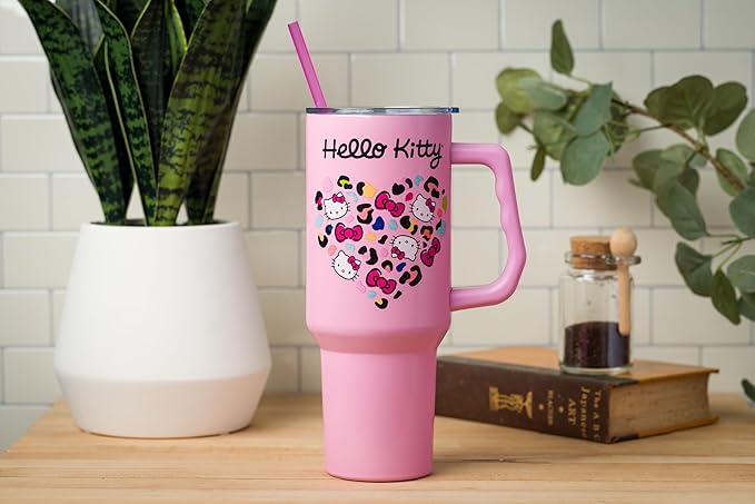 Silver Buffalo Sanrio Hello Kitty Leopard Jungle Cat Print and Bows Heart Double Walled Stainless Steel Tumbler with Handle and Straw, Fits in Standard Cup Holder, 40 Ounces