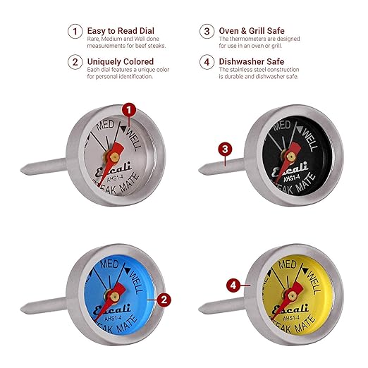 Escali AHS1-4 Easy Read Mini Steak Thermometer Set, Dial Reads Rare, Medium & Well, Dishwasher Safe, Silver