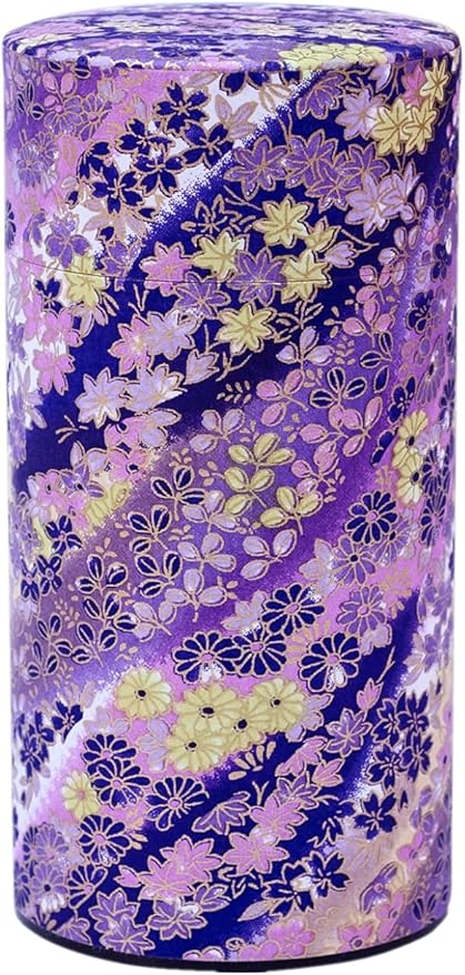 Washi Paper Tea Tin Canister: Long 7oz (200g) Stream lavender (#40), Japan