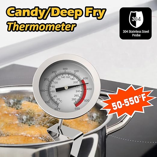 Candy Thermometer with Pot Clip & 8 Inch Probe Length - Best Oil Thermometer for Frying,Candy Thermometer for Candy Making,Tall pots,Candle,Candy Making,Deep Frying (1, 8)