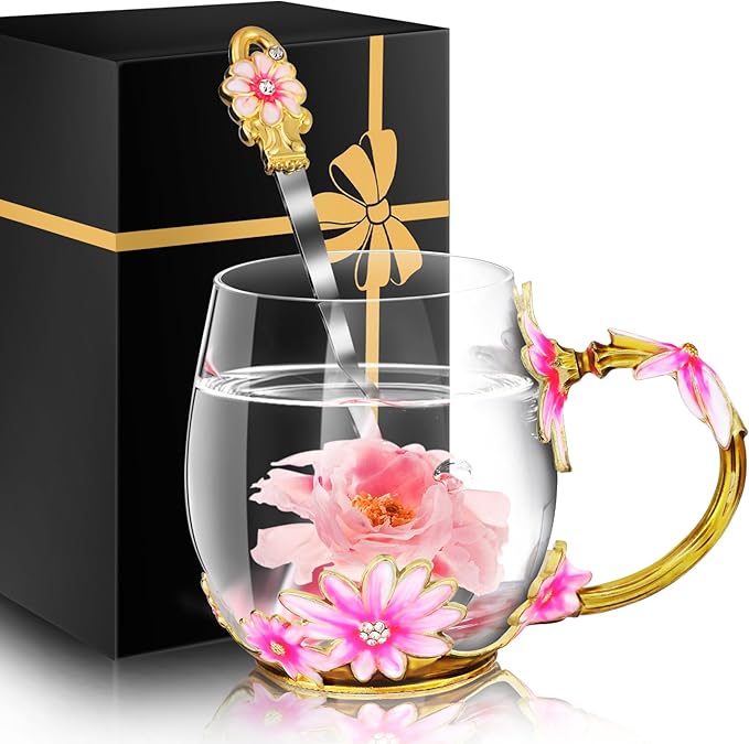 Women Glass Tea Coffee Pretty Cup Set Cute Mug Christmas Xmas Birthday Romantic Gift Work Wife Husband Girlfriend Gf Unique Nice Best Top 2024 Valentines Day Cheerlead Long Distance Relationship Pink