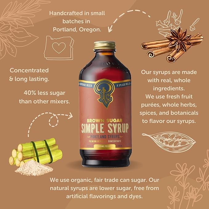 Portland Syrups Brown Sugar Simple Syrup - Drink Mix for Crafting Cocktails, Sugar Syrup for Drinks, Simple Syrup for Coffee, Mocktails, Baking, 12 oz, 24 Servings (Pack of 2)