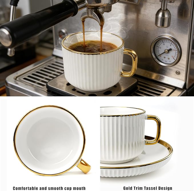 Cappuccino Cups Set of 4, 7oz Espresso Cups Set with Saucers and Spoons, Gold Trim Ceramic Coffee Tea Cups for Latte, Mocha, Au Lait, Dishwasher & Microwave Safe, Art Deco (Gold Striped/200ml)