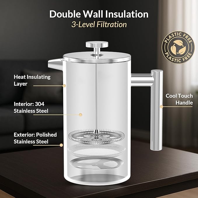 French Press Coffee Maker 304 Stainless Steel 34 Oz Large Double-Walled Insulated French Press 3 Level Filtration System For Kitchen, Camping & Gifting in Premium Box - Dishwasher Safe