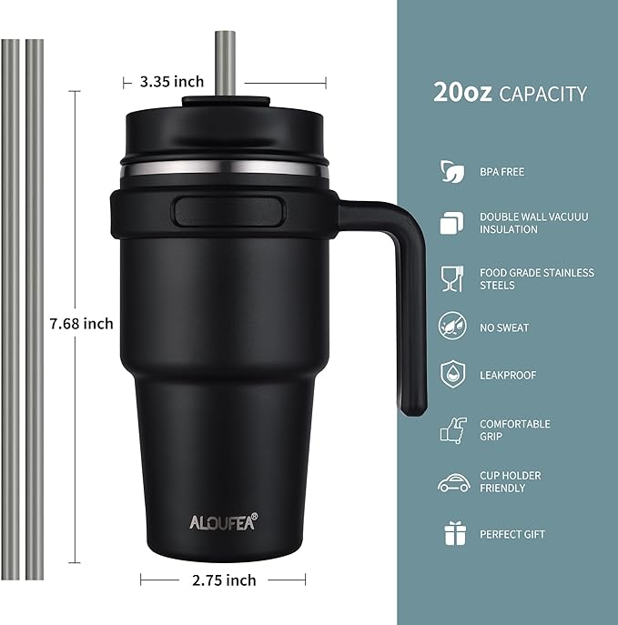 ALOUFEA 20 oz Insulated Coffee Mug Tumbler with Handle, Stainless Steel Travel Mug Tumbler with Lid and Straw, Double Wall Vacuum Leak Proof Ice Coffee Thermal Cup, Plum