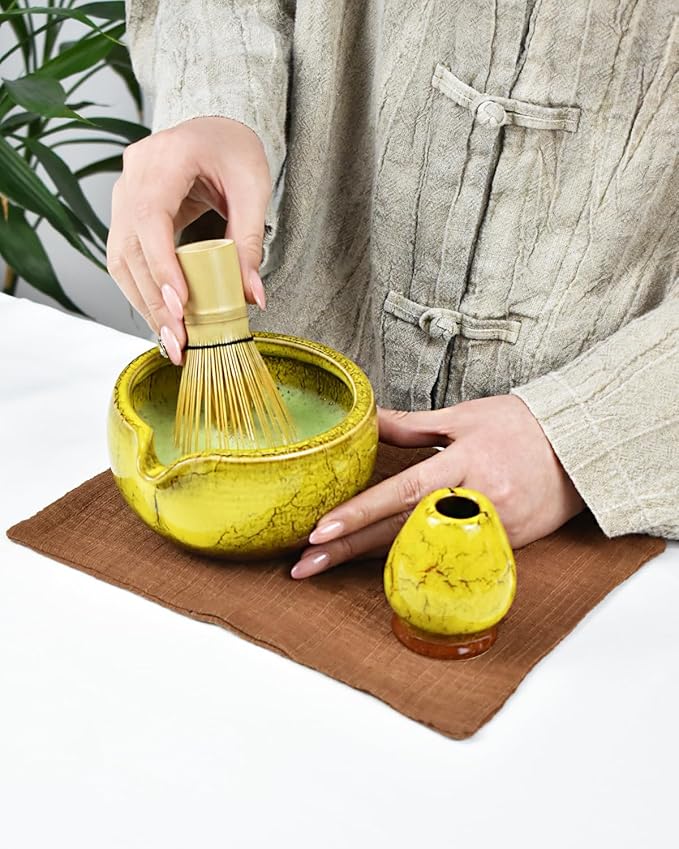 Artcome Matcha Tea Set – 20.2oz Premium Matcha Bowl with Spout, Whisk, Scoop, Whisk Holder & Brewing Guide – Authentic Japanese Tea Ceremony Tools for Perfect Matcha Preparation, Yellow
