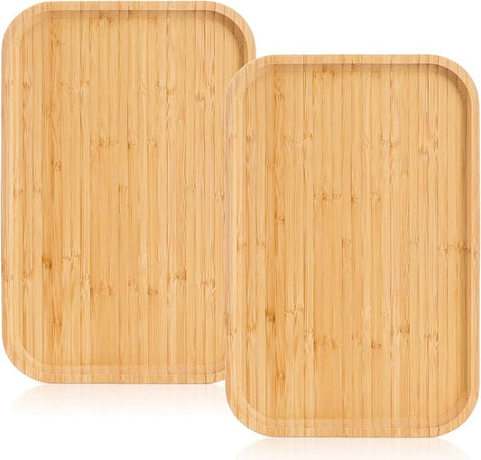 Yarlung 2 Pack Bamboo Tray Cheese Plate, 14x9 Inches Food Serving Saucer Wood Rectangular Platter for Coffee, Tea, Fruit, Plant Pot