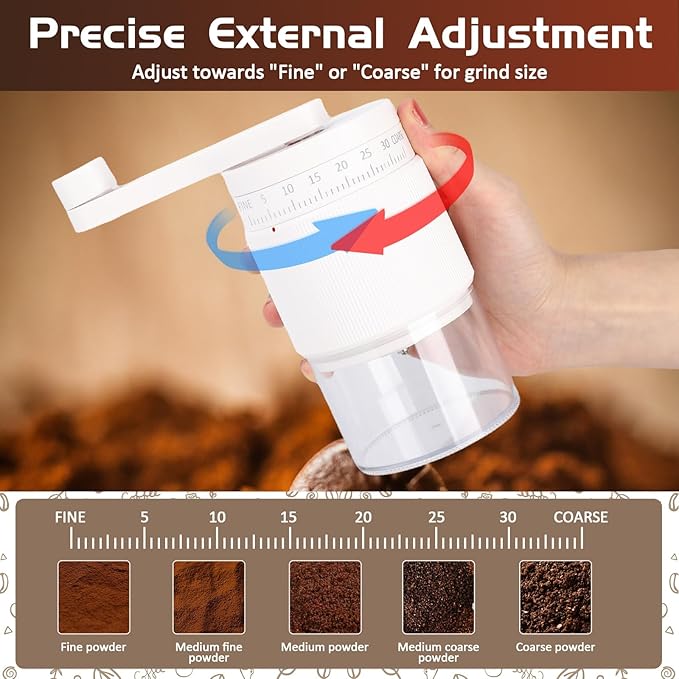 Manual Coffee Grinder - 95 Ceramic Burr, Adjustable Coarse to Fine, 30g Beans & 80ml Powder, Detachable Handle for Espresso, French Press, Camping