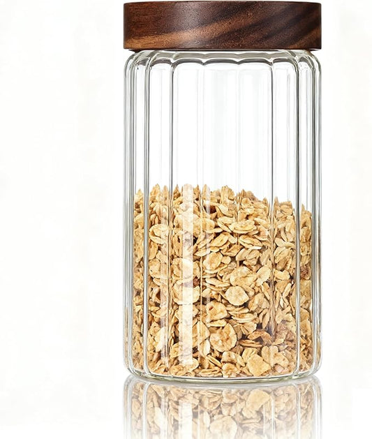 Decorative Borosilicate Glass Jar with Screw Top Airtight Wooden Lid, 40 oz/1200ml Leak Resistant Food Storage Canister, Wide Mouth Container for Cereal Coffee Cookie Candy Overnight Oats Sourdough