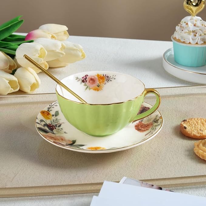 ONEUSTAR Tea Cup and Saucer Set for 1 Bone China Floral English Teacup 8 oz Coffee Cup for Women Tea Parties Birthday Christmas Gift, Light Green