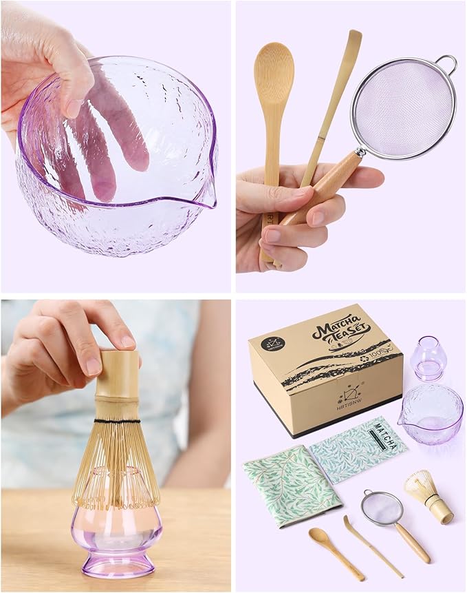 Matcha Whisk Set- 7 Pcs, Matcha Kit Includes Matcha Bowl, Matcha Whisk and Holder, Bamboo Scoop, Spoon, Sifter and Tea Towel, Matcha Set, Gift for Matcha Lovers Beginner (Light Blue)