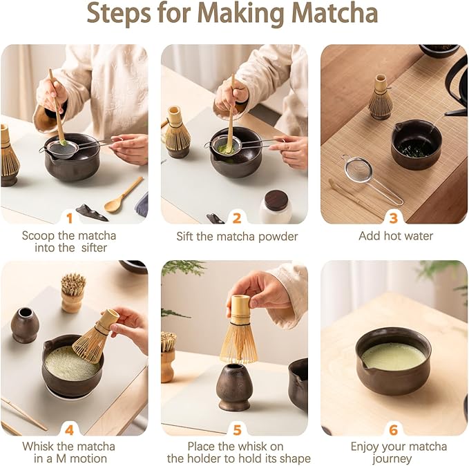 Matcha Whisk Set, Matcha Bowl with Spout and Coaster, Matcha Whisk and Holder, Sifter, Scoop, Spoon, Cleaning Brush - 10 Pcs Complete Ceramic Matcha Kit