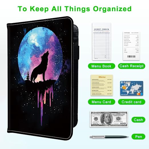 Server Books for Waitress, with 7 Large Pockets, Waiter Serving Book, Waitstaff Server Order Pads, Cute PU Leather Server Book with Pen Holder Fit Server Apron,Wolf Howling at Moon - Image 5