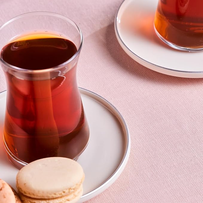 KARACA Streamline Saturn 12-Piece Turkish Tea Cups for 6 People, 5.75 fl oz Turkish Tea Glasses Set, Durable Glass with Platin Detailing & White Color Saucers