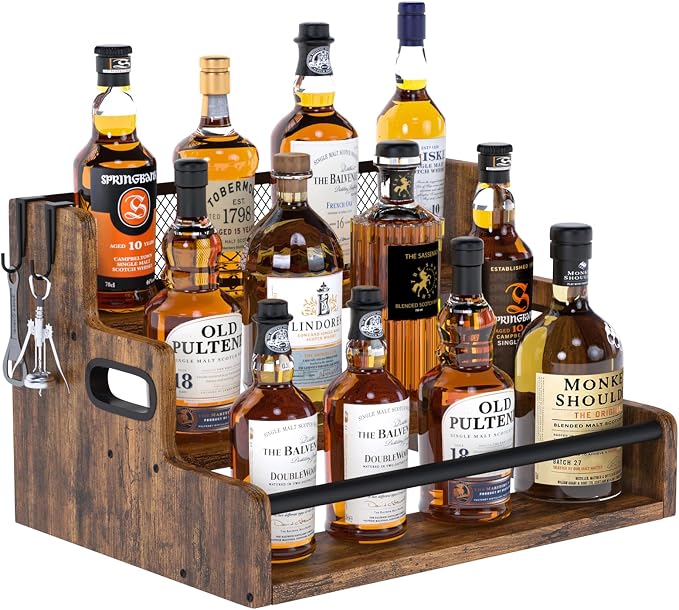Aduanbang Liquor Bottle Display Shelf, 3 Step Countertop Organizer, Retro Bar Stand for Whiskey, Wine, Spirits (Rustic Brown) by Aduanbang