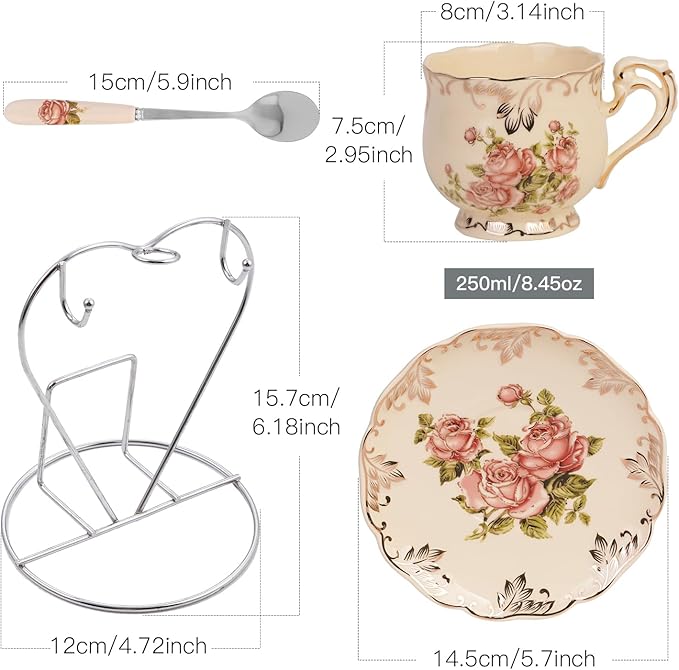 YOLIFE Tea Cups and Saucers Set of 2, Porcelain Floral Tea Cups Set with Holder, Fancy Vintage Teacups 8 oz