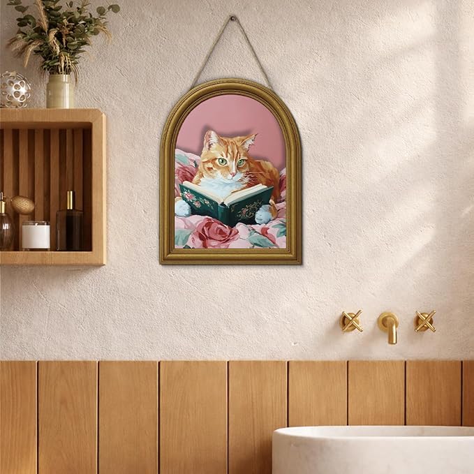 3D Pink Cute Cat Reading Table Decor Sign, Vintage Cat with Book Wall Art Sign for Home Bedroom Reading Room Desk Wall Shelf Decor 8x10 Inch