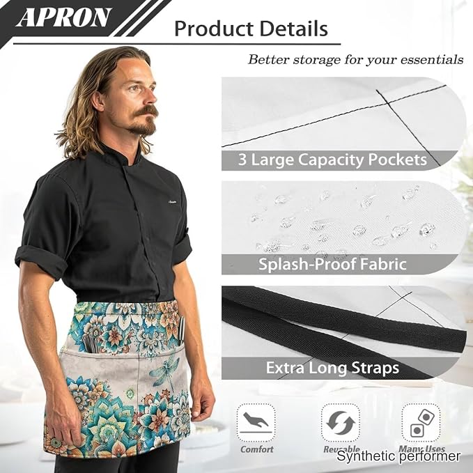 Waist Apron with 3 Pockets Waterproof 13 Inch Short Half Waist Aprons Women Men Server Aprons Waitress Waiter Apron - Image 6