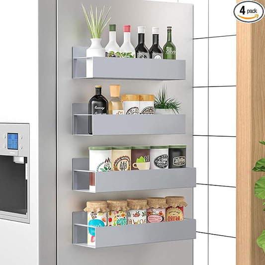 HuggieGems 4 Pack Magnetic Spice Storage Rack Organizer for Refrigerator and Oven, Gray Fridge Organizers and Storage