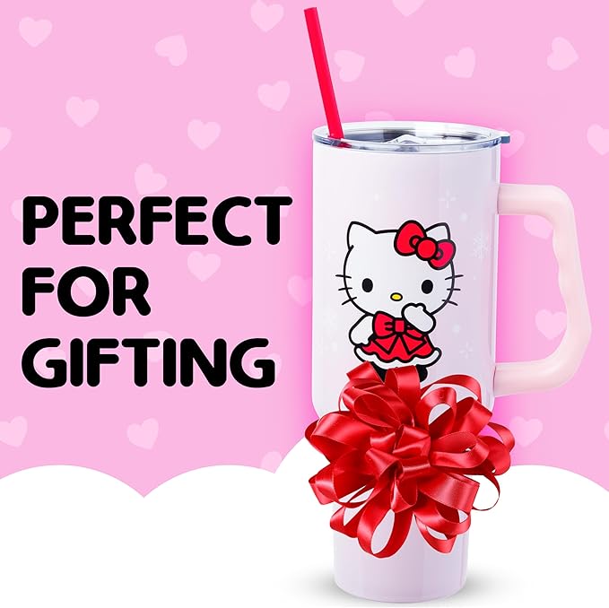 Silver Buffalo Sanrio Hello Kitty Christmas Holiday Dress and Matching Bow Snowflakes Double Walled Stainless Steel Tumbler with Handle and Straw, Fits in Standard Cup Holder, 40 Ounces