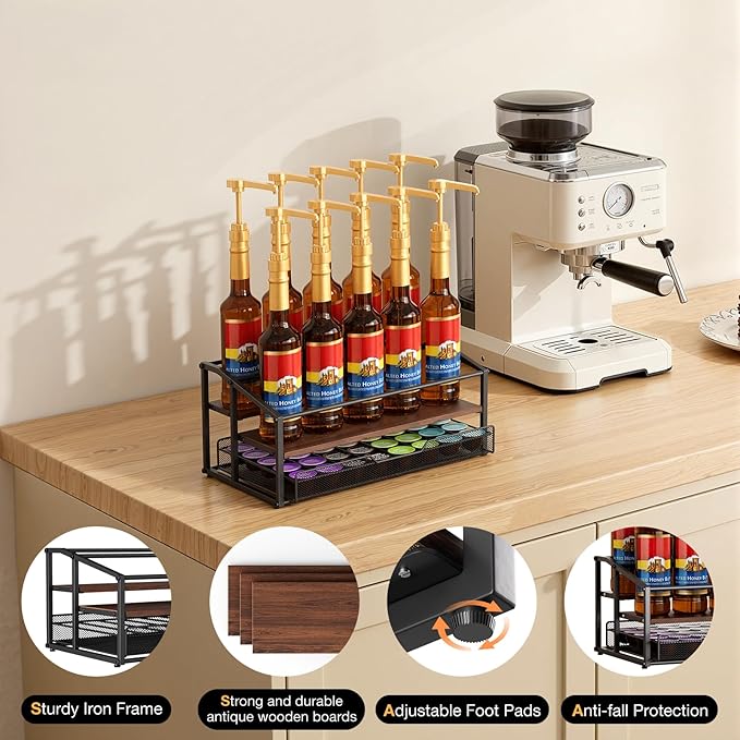 kimilus Coffee Syrup Rack Organizer, 3-Tier 10 Bottle Syrup Rack with 35 K Cup Darwer for Coffee Bar, Countertop Bottle Holder Stand for Dressing for Kitchen Cafe Station