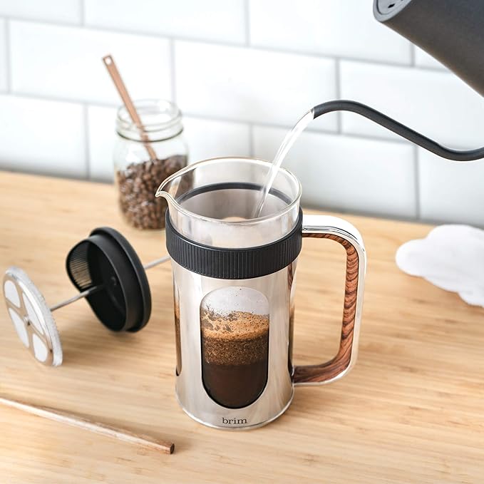 brim 8 Cup French Press, Quickly Brew Coffee in Under 5 Minutes, Classic Design with Modern Twist, Dishwasher Safe Carafe for Easy Cleaning, Replacement Filter Included, Stainless Steel/Wood