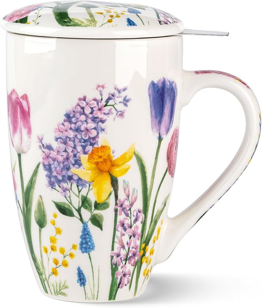 GBhome Tea Mug with Infuser and Lid, 18 Ounce Large Ceramic Loose Leaf Cup, Microwave, Dishwasher Safe, Perfect for Tea Lovers