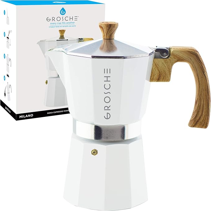 GROSCHE Milano 6 espresso cup white moka pot & 3 spare stove top espresso maker gaskets & 1 spare filter screen & 1 spare moka pot funnel bundle