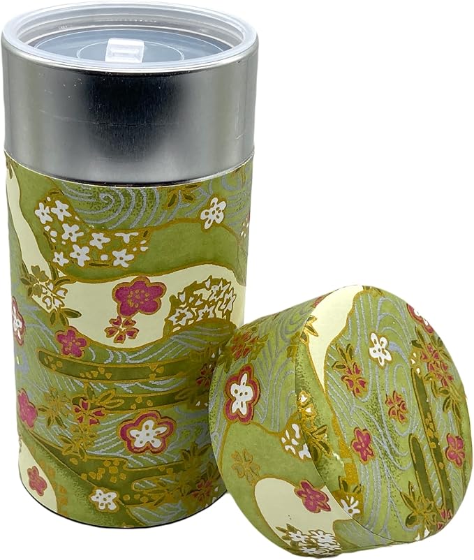 Japanese Tea Canister Tin Shikisai(Four Seasons Color) Green/Double Lid/Japanese Washi Paper Pasted /200g Tea Capacity/Loose Leaf Tea Storage/Storage Container with Lid