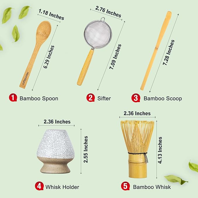 Matcha Whisk Set 5pcs – Bamboo Matcha Whisk (Chasen), Whisk Holder, Chashaku Scoop, Spoon, Fine Mesh Sifter, Starter Matcha Kit for Beginners, Tea Ceremony Gifts