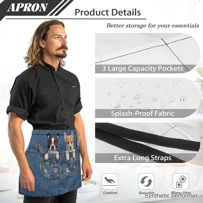 Waist Apron with 3 Pockets Waterproof 13 Inch Short Half Waist Aprons Women Men Server Aprons Waitress Waiter Apron - Image 6